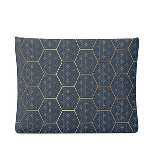 RUBY8WEAVER® Navy with Flower of Life Hexagonal design on a leather clutch