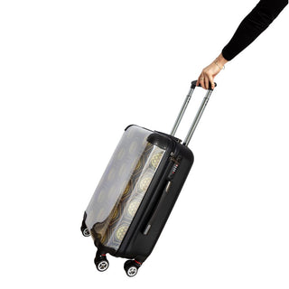 Side view of a woman pulling the Sweet Life Spinner Carry-On Suitcase with glossy front